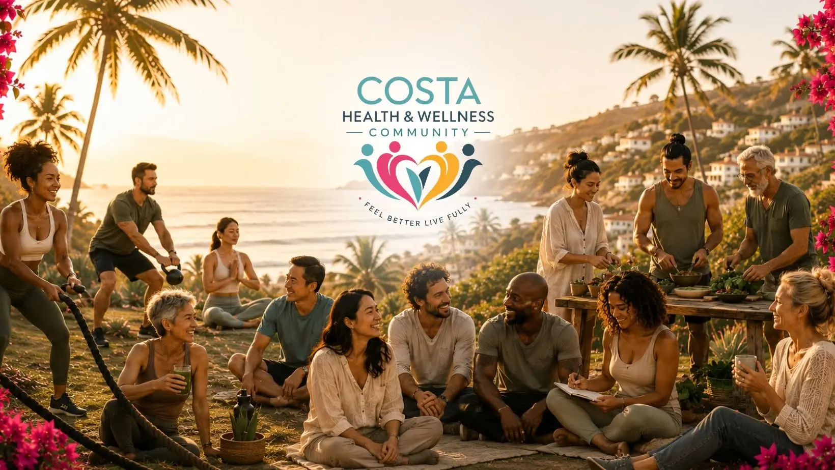 People training, practising yoga and sharing healthy food together at sunset on the Costa del Sol, beneath the Costa Health and Wellness Community logo